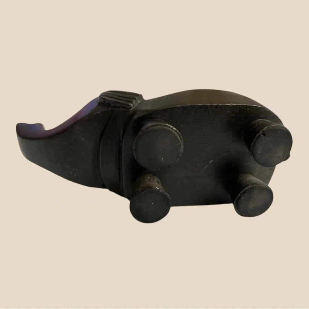 Vintage Black Elephant Tea Light Candle Holder Carved Wood Figurine 7